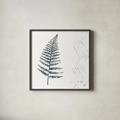 Nordic Fern I by Melissa Averinos. Shown in a sleek black glass frame for a contemporary gallery look. Available as an archival giclee rolled canvas, fine art paper, or poster print. SKU 57294a.