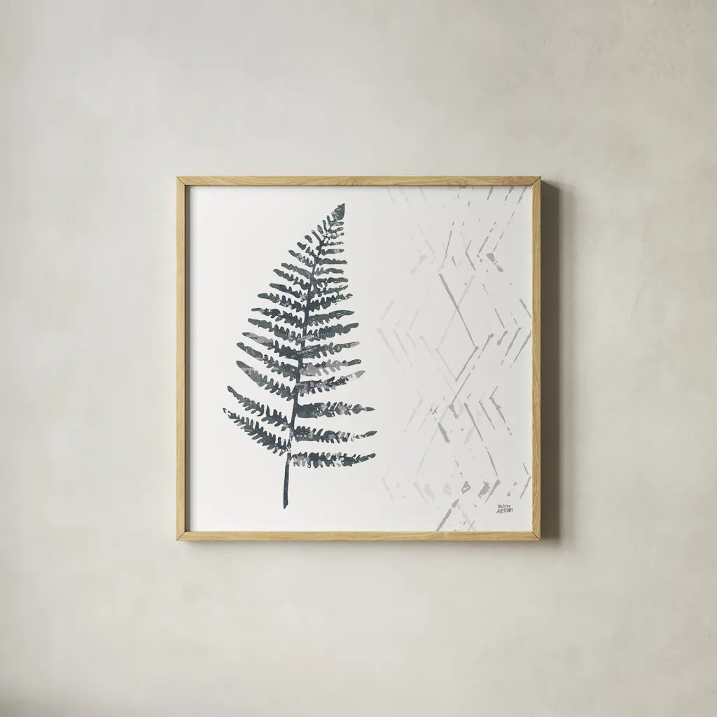 Nordic Fern I by Melissa Averinos. Shown in a natural wood glass frame for a timeless modern aesthetic. Available as an archival giclee rolled canvas, fine art paper, or poster print. SKU 57294a.