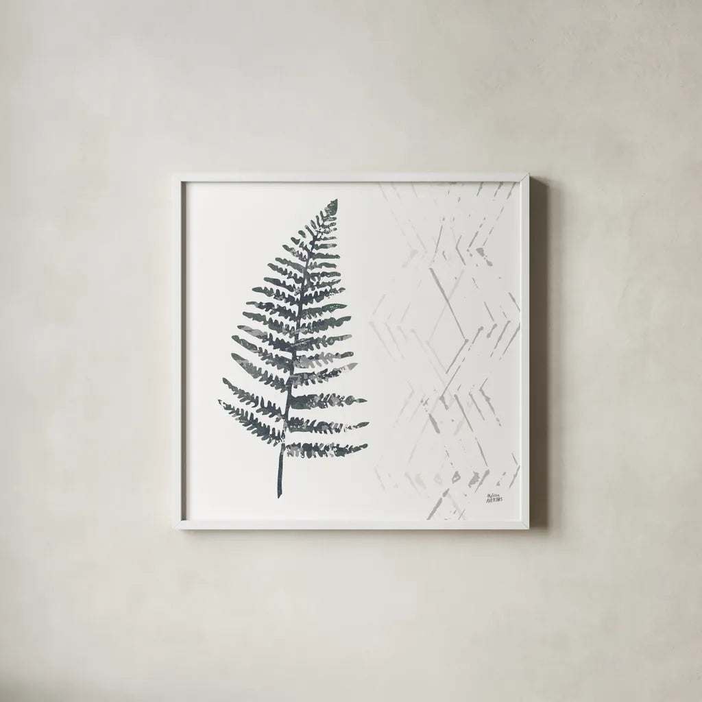 Nordic Fern I by Melissa Averinos. Shown in a crisp white glass frame for a clean and minimalist style. Available as an archival giclee rolled canvas, fine art paper, or poster print. SKU 57294a.