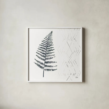 Nordic Fern I by Melissa Averinos. Shown in a crisp white glass frame for a clean and minimalist style. Available as an archival giclee rolled canvas, fine art paper, or poster print. SKU 57294a.