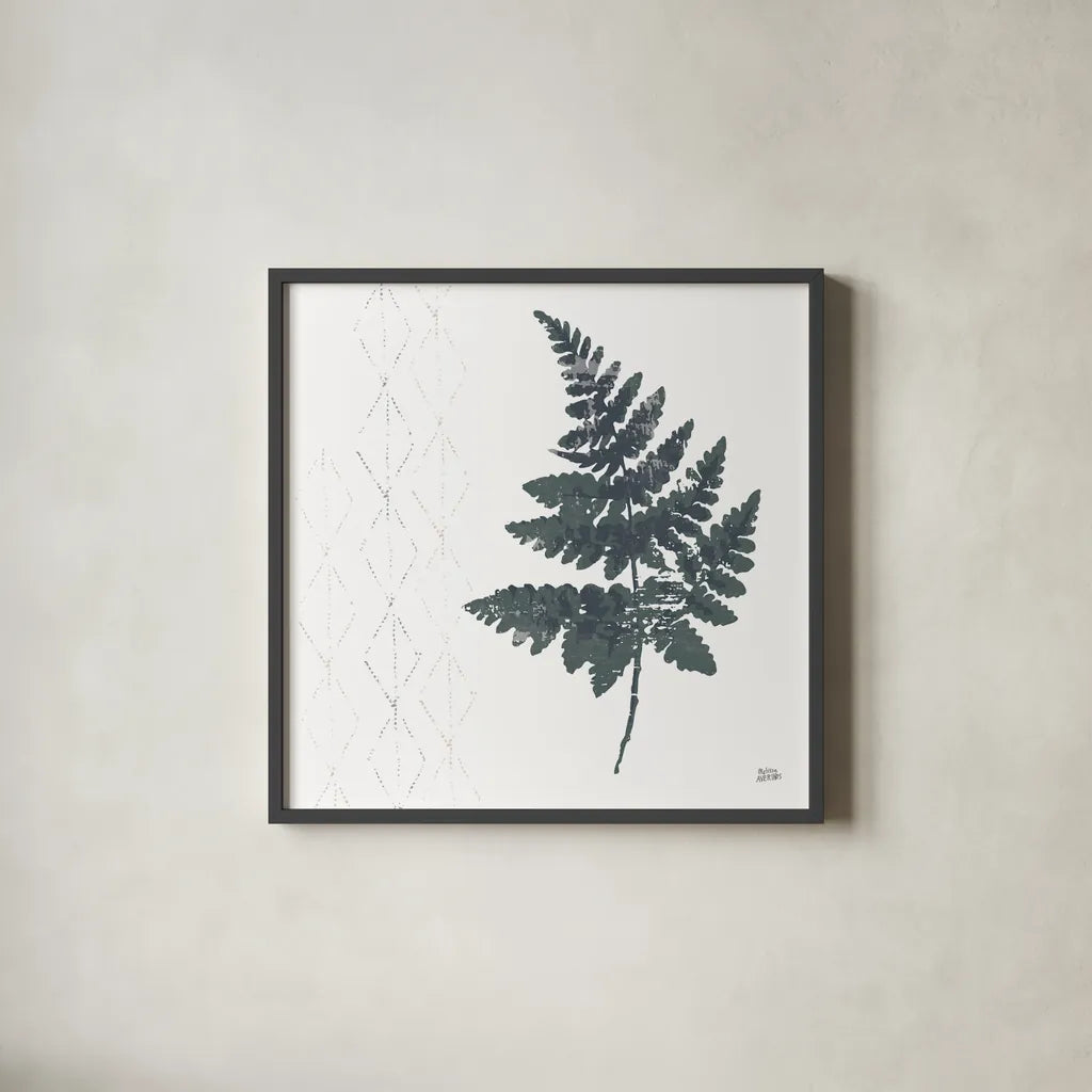 Nordic Fern II by Melissa Averinos. Shown in a sleek black glass frame for a contemporary gallery look. Available as an archival giclee rolled canvas, fine art paper, or poster print. SKU 57295a.