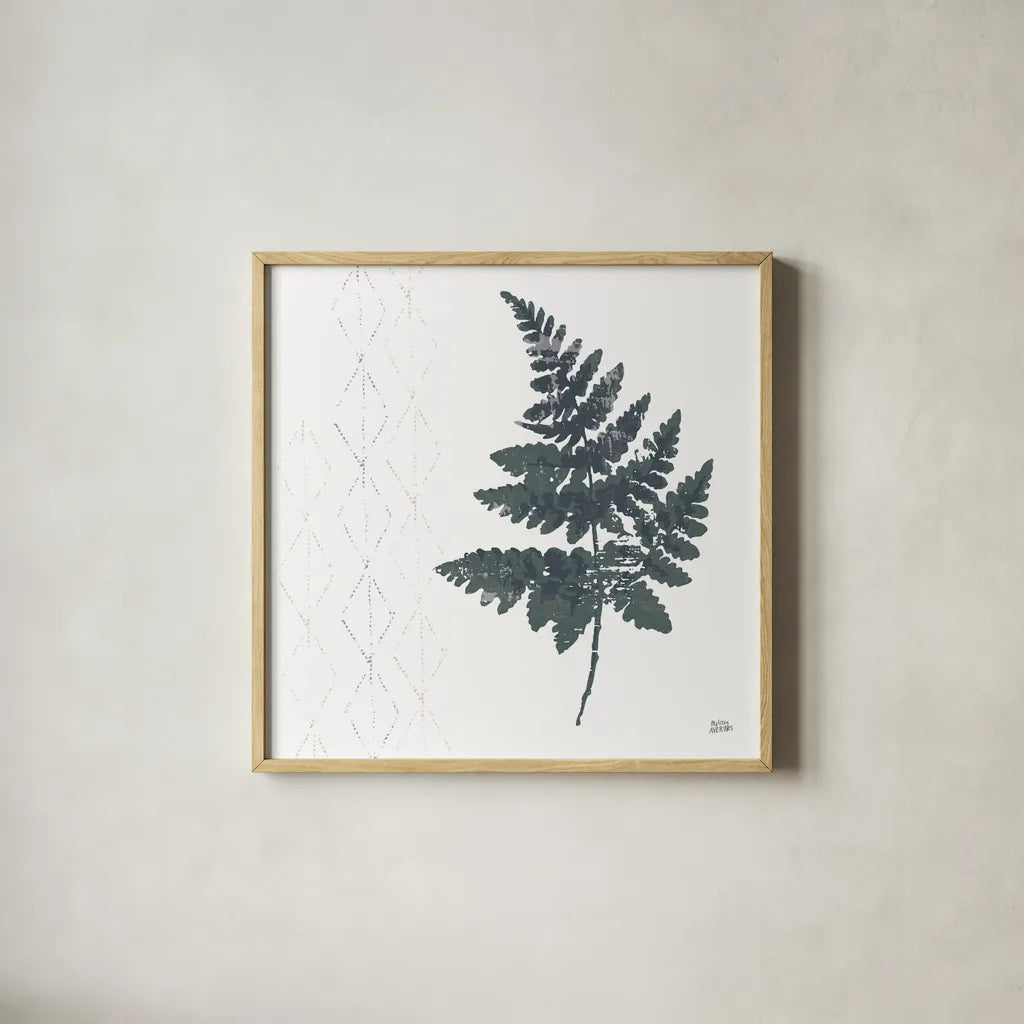 Nordic Fern II by Melissa Averinos. Shown in a natural wood glass frame for a timeless modern aesthetic. Available as an archival giclee rolled canvas, fine art paper, or poster print. SKU 57295a.