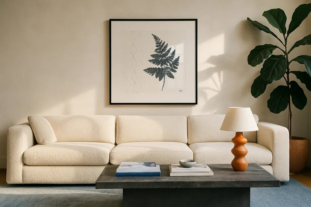 Nordic Fern II by Melissa Averinos. Displayed in a glass frame with matte in a clean modern living room. Available as an archival giclee rolled canvas, fine art paper, or poster print. SKU 57295a.