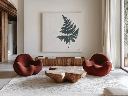 Nordic Fern II by Melissa Averinos. Shown as extra-large giant wall art in a modern living room. Available as an archival giclee rolled canvas, fine art paper, or poster print. SKU 57295a.