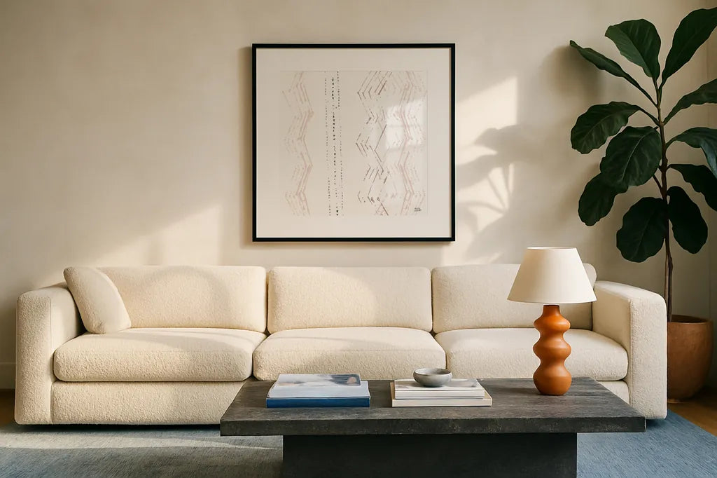 Nordic Geo II by Melissa Averinos. Displayed in a glass frame with matte in a clean modern living room. Available as an archival giclee rolled canvas, fine art paper, or poster print. SKU 57297a.