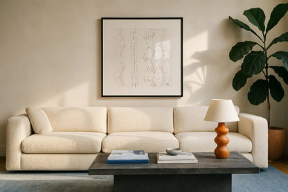 Nordic Geo II by Melissa Averinos. Displayed in a glass frame with matte in a clean modern living room. Available as an archival giclee rolled canvas, fine art paper, or poster print. SKU 57297a.