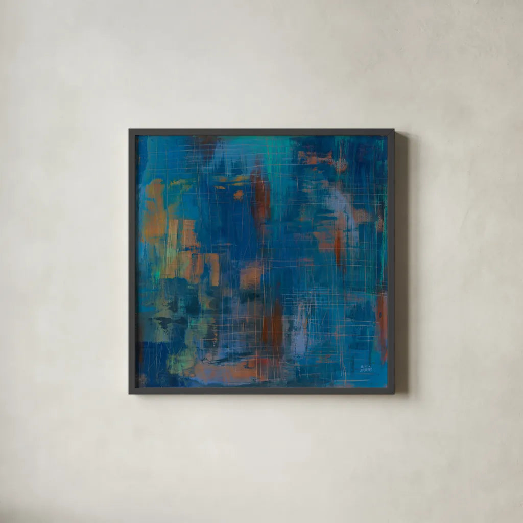 Northern Lights by Melissa Averinos. Shown in a sleek black glass frame for a contemporary gallery look. Available as an archival giclee rolled canvas, fine art paper, or poster print. SKU 24310a.