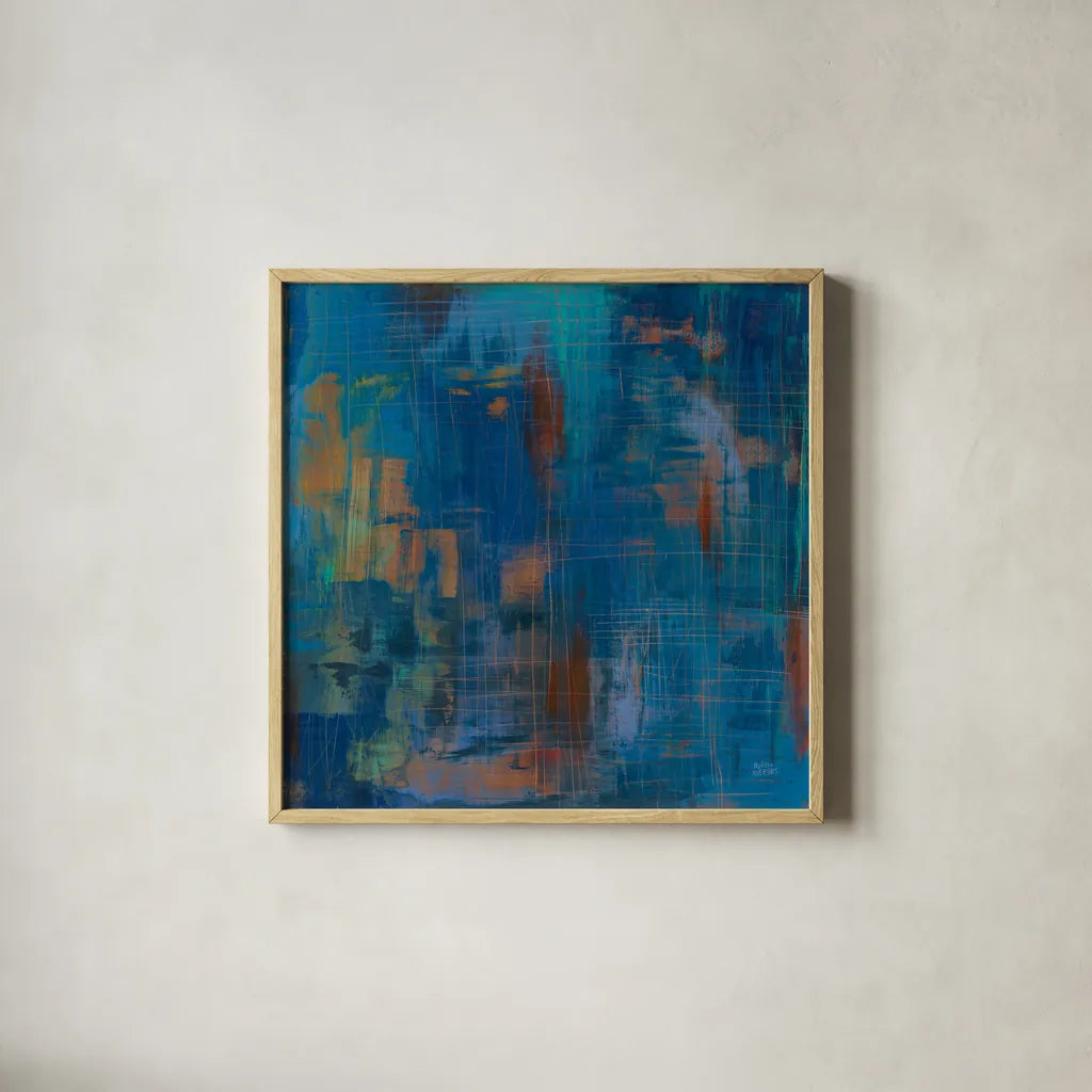 Northern Lights by Melissa Averinos. Shown in a natural wood glass frame for a timeless modern aesthetic. Available as an archival giclee rolled canvas, fine art paper, or poster print. SKU 24310a.