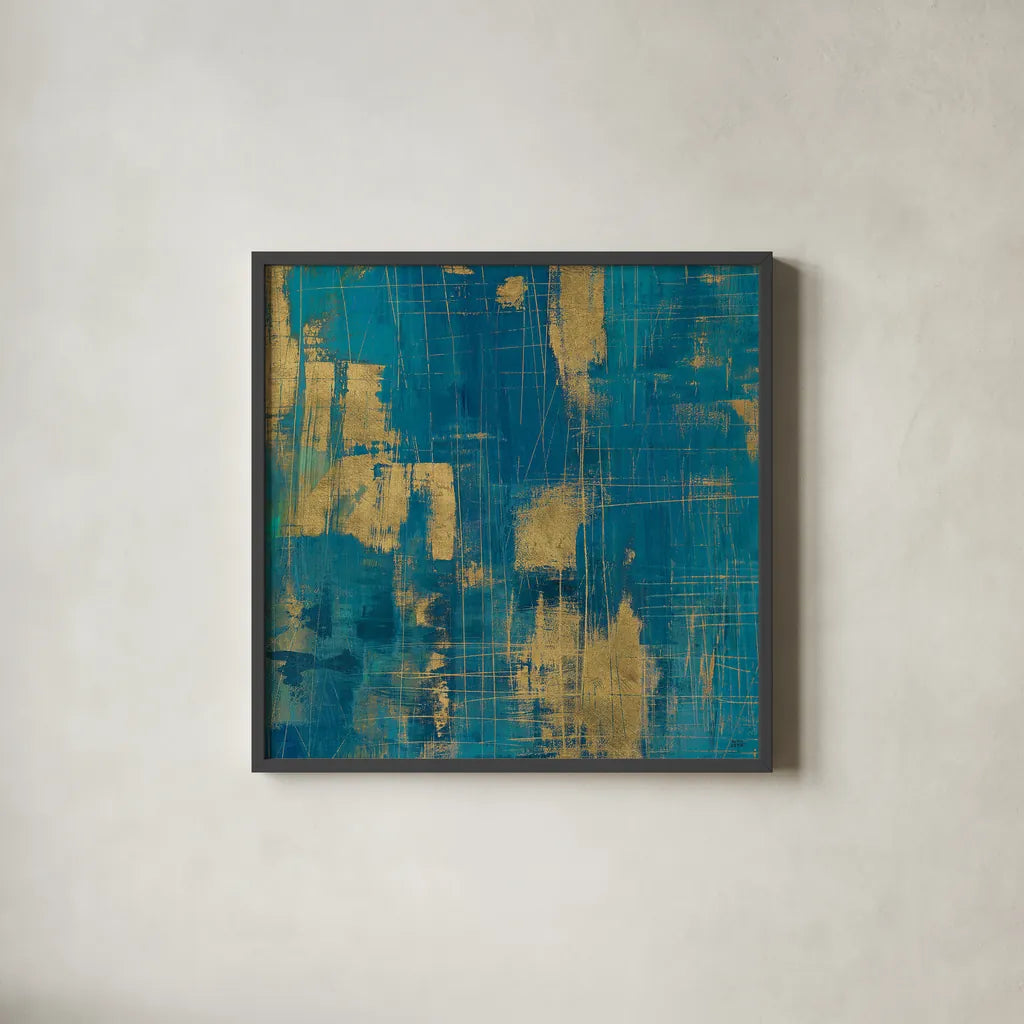 Northern Lights Crop Gold by Melissa Averinos. Shown in a sleek black glass frame for a contemporary gallery look. Available as an archival giclee rolled canvas, fine art paper, or poster print. SKU 24450a.