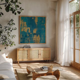 Northern Lights Crop Gold by Melissa Averinos. Shown in a natural wood frame in a cozy modern living room. Available as an archival giclee rolled canvas, fine art paper, or poster print. SKU 24450a.