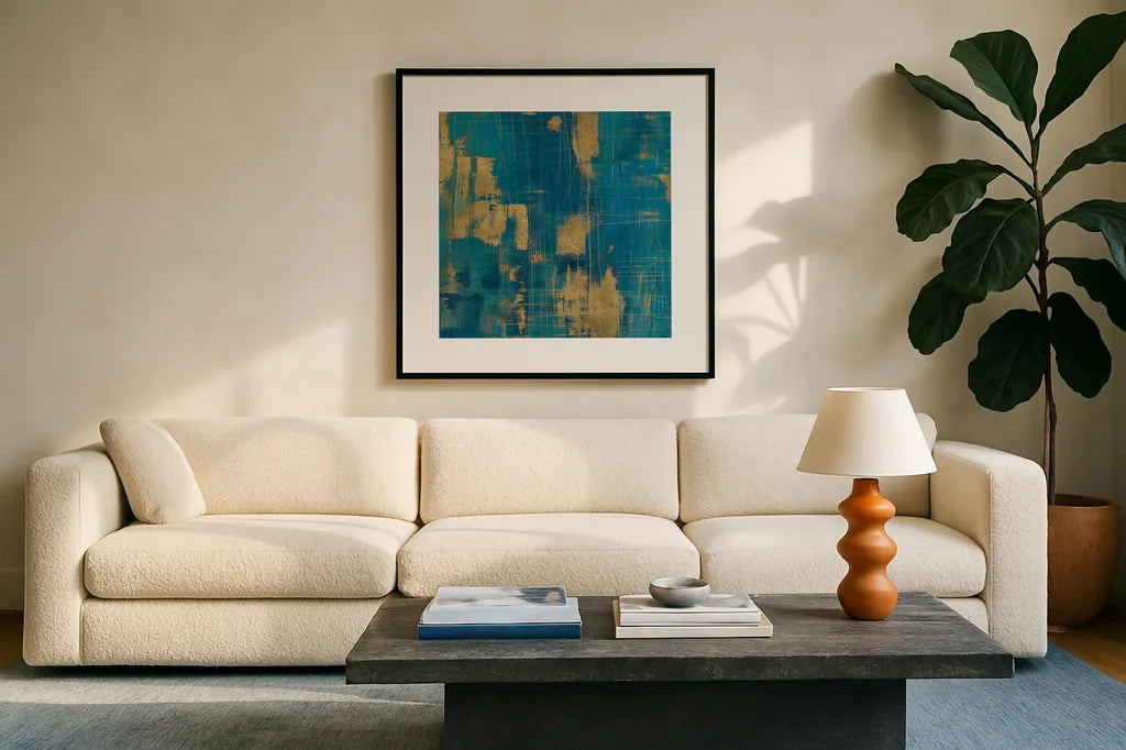 Northern Lights Crop Gold by Melissa Averinos. Displayed in a glass frame with matte in a clean modern living room. Available as an archival giclee rolled canvas, fine art paper, or poster print. SKU 24450a.