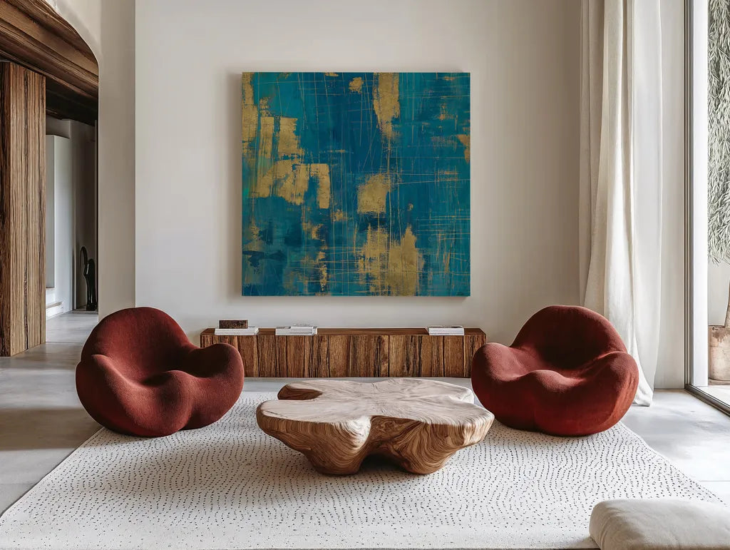 Northern Lights Crop Gold by Melissa Averinos. Shown as extra-large giant wall art in a modern living room. Available as an archival giclee rolled canvas, fine art paper, or poster print. SKU 24450a.