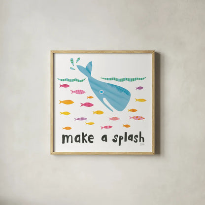 Ocean Splash I by Melissa Averinos. Shown in a natural wood glass frame for a timeless modern aesthetic. Available as an archival giclee rolled canvas, fine art paper, or poster print. SKU 35974a.