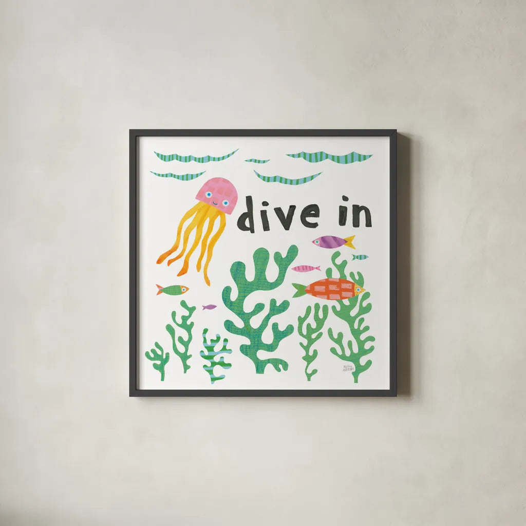 Ocean Splash III by Melissa Averinos. Shown in a sleek black glass frame for a contemporary gallery look. Available as an archival giclee rolled canvas, fine art paper, or poster print. SKU 35976a.