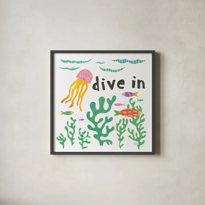 Ocean Splash III by Melissa Averinos. Shown in a sleek black glass frame for a contemporary gallery look. Available as an archival giclee rolled canvas, fine art paper, or poster print. SKU 35976a.