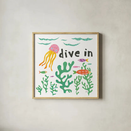 Ocean Splash III by Melissa Averinos. Shown in a natural wood glass frame for a timeless modern aesthetic. Available as an archival giclee rolled canvas, fine art paper, or poster print. SKU 35976a.