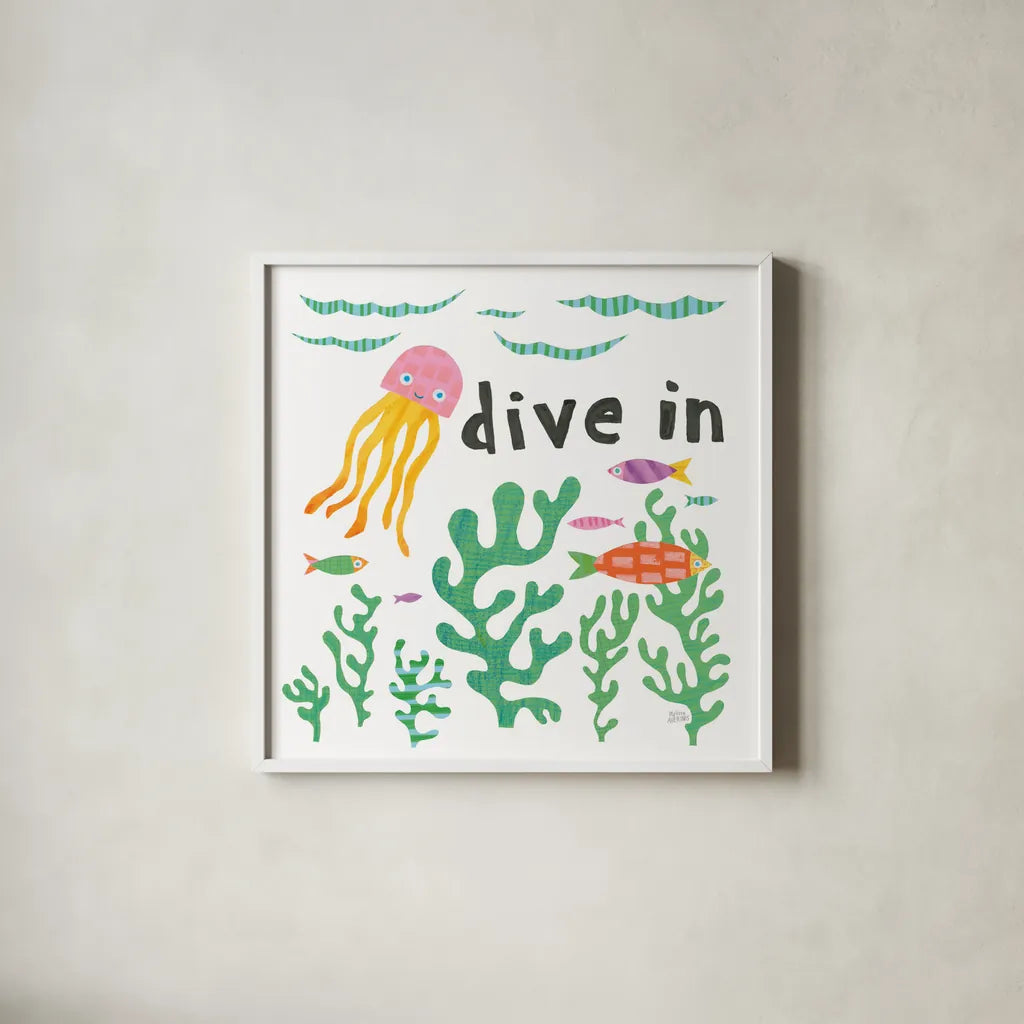 Ocean Splash III by Melissa Averinos. Shown in a crisp white glass frame for a clean and minimalist style. Available as an archival giclee rolled canvas, fine art paper, or poster print. SKU 35976a.