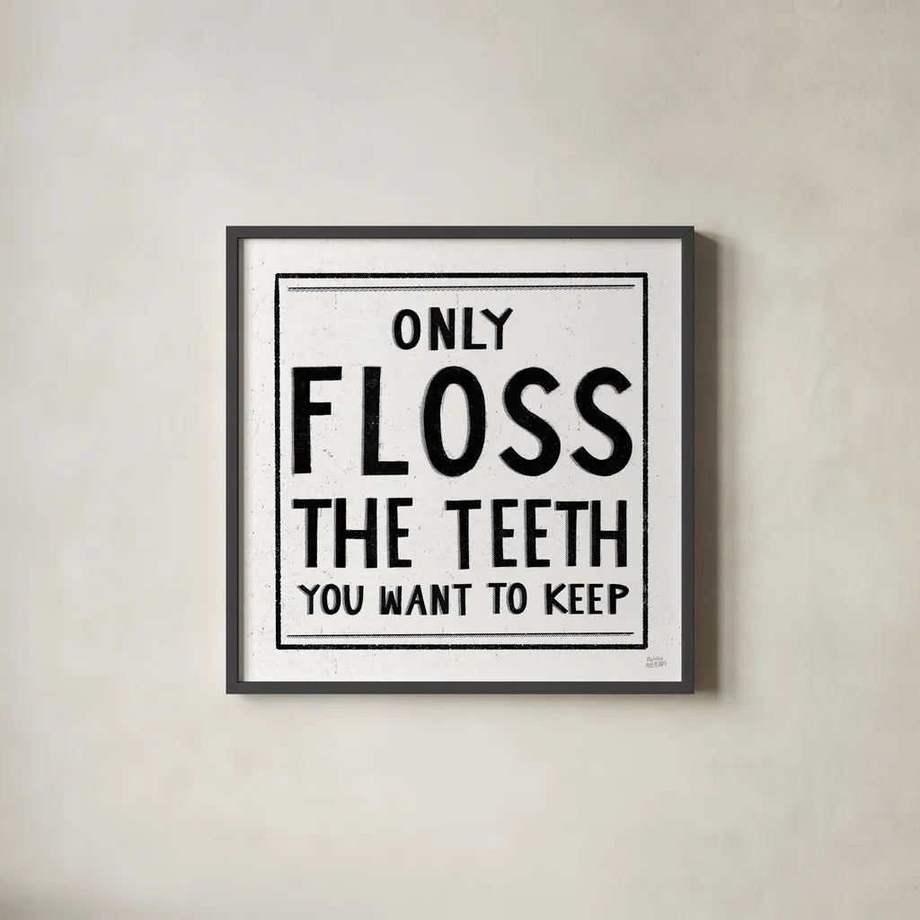 Only Floss by Melissa Averinos. Shown in a sleek black glass frame for a contemporary gallery look. Available as an archival giclee rolled canvas, fine art paper, or poster print. SKU 59181a.
