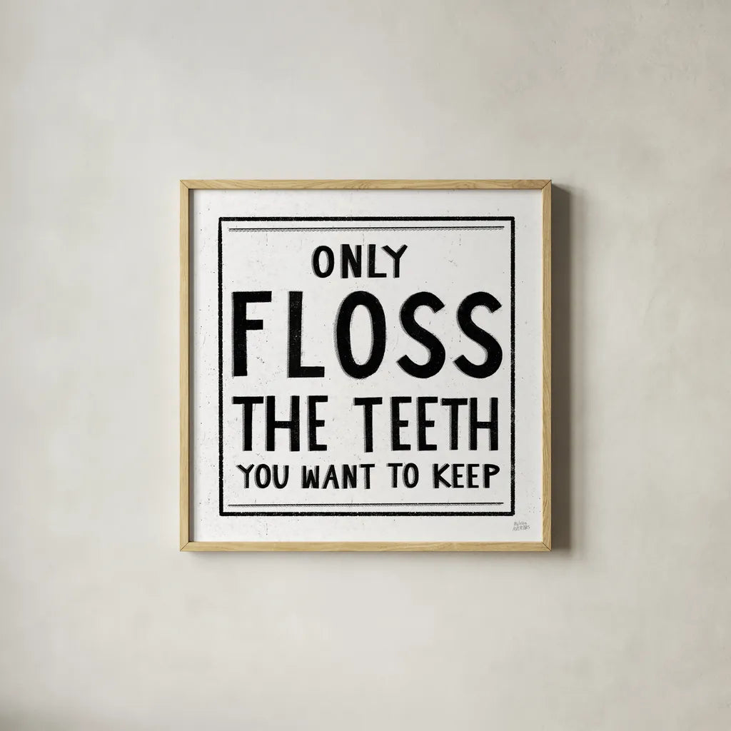 Only Floss by Melissa Averinos. Shown in a natural wood glass frame for a timeless modern aesthetic. Available as an archival giclee rolled canvas, fine art paper, or poster print. SKU 59181a.
