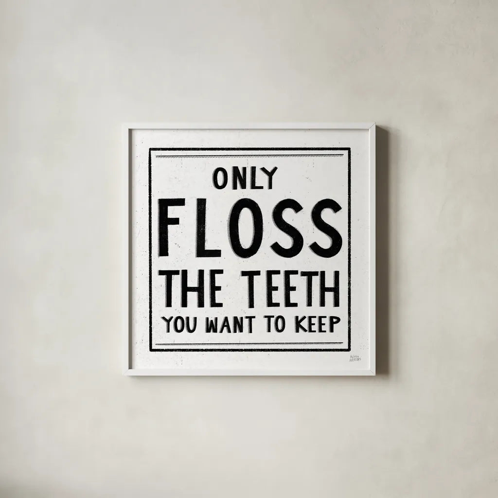 Only Floss by Melissa Averinos. Shown in a crisp white glass frame for a clean and minimalist style. Available as an archival giclee rolled canvas, fine art paper, or poster print. SKU 59181a.