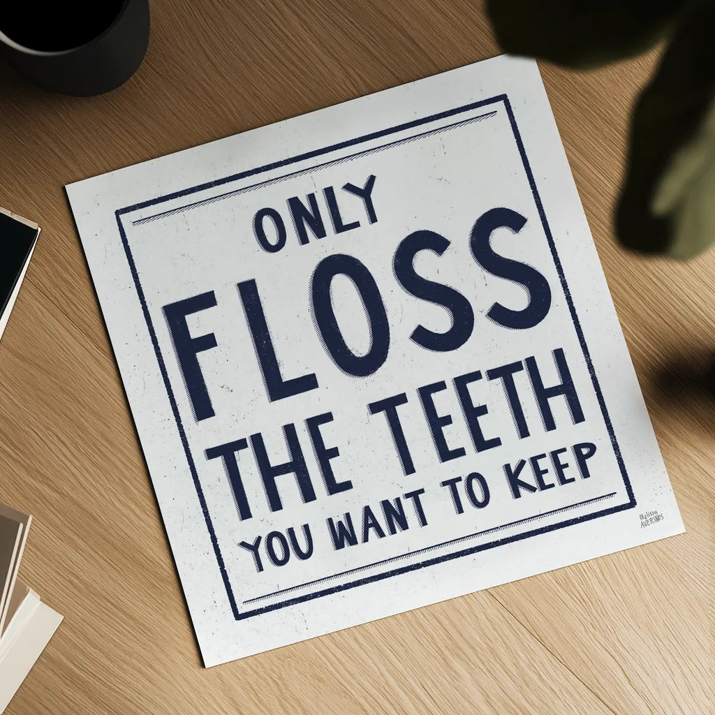 Only Floss Navy by Melissa Averinos. Shown as a detailed flat fine art print, highlighting archival giclee quality. Available as an archival giclee rolled canvas, fine art paper, or poster print. SKU 59463a.