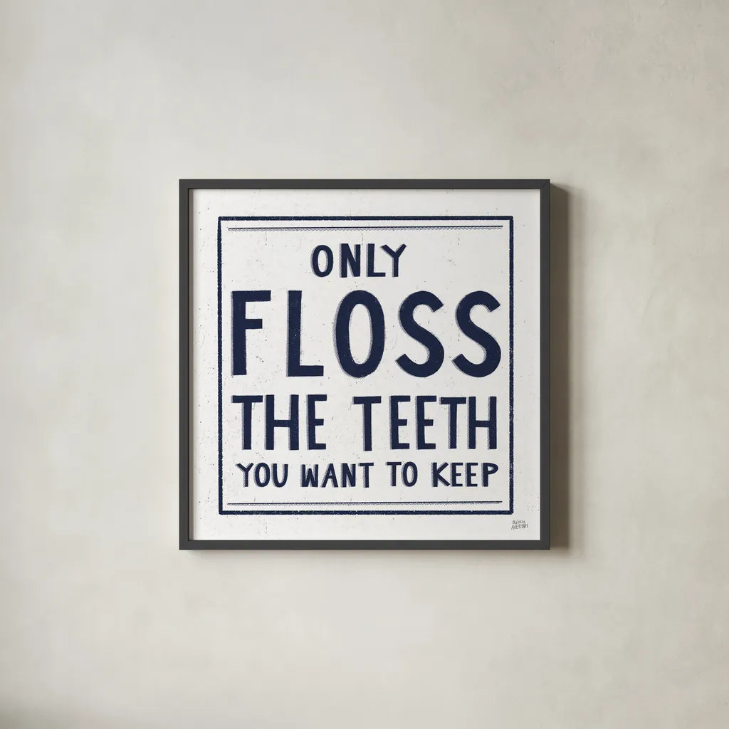 Only Floss Navy by Melissa Averinos. Shown in a sleek black glass frame for a contemporary gallery look. Available as an archival giclee rolled canvas, fine art paper, or poster print. SKU 59463a.