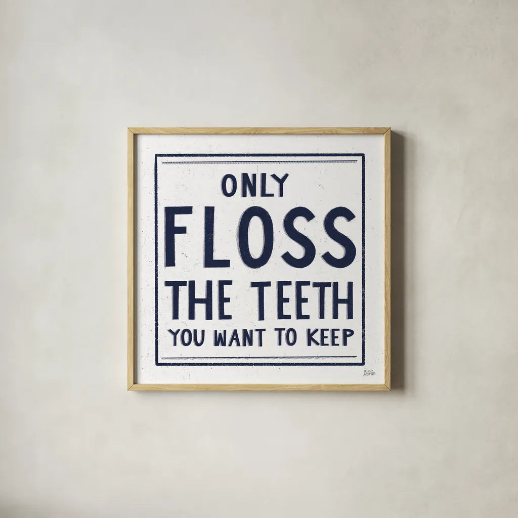 Only Floss Navy by Melissa Averinos. Shown in a natural wood glass frame for a timeless modern aesthetic. Available as an archival giclee rolled canvas, fine art paper, or poster print. SKU 59463a.