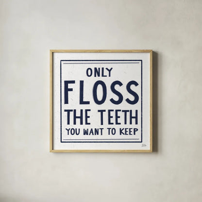 Only Floss Navy by Melissa Averinos. Shown in a natural wood glass frame for a timeless modern aesthetic. Available as an archival giclee rolled canvas, fine art paper, or poster print. SKU 59463a.