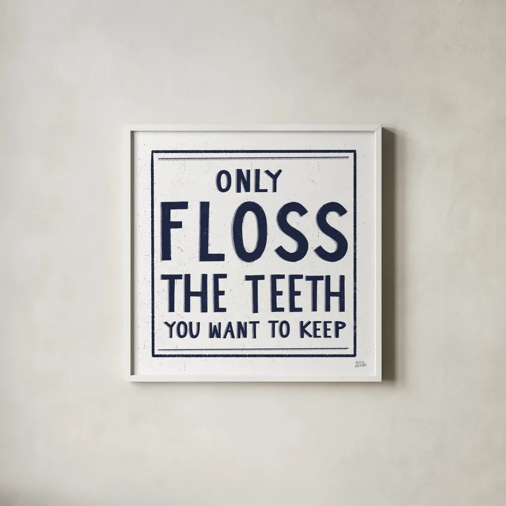 Only Floss Navy by Melissa Averinos. Shown in a crisp white glass frame for a clean and minimalist style. Available as an archival giclee rolled canvas, fine art paper, or poster print. SKU 59463a.