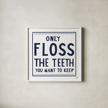 Only Floss Navy by Melissa Averinos. Shown in a crisp white glass frame for a clean and minimalist style. Available as an archival giclee rolled canvas, fine art paper, or poster print. SKU 59463a.