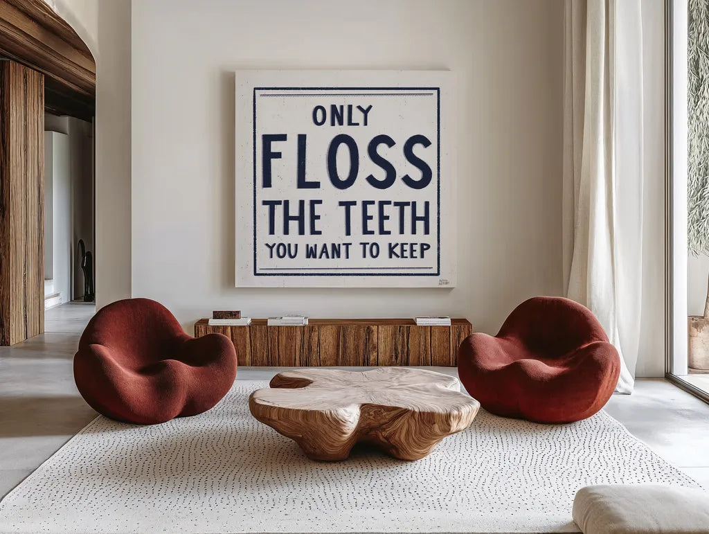Only Floss Navy by Melissa Averinos. Shown as extra-large giant wall art in a modern living room. Available as an archival giclee rolled canvas, fine art paper, or poster print. SKU 59463a.