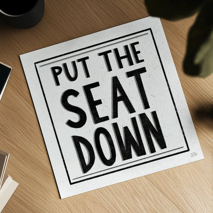 Put the Seat Down by Melissa Averinos. Shown as a detailed flat fine art print, highlighting archival giclee quality. Available as an archival giclee rolled canvas, fine art paper, or poster print. SKU 59180a.