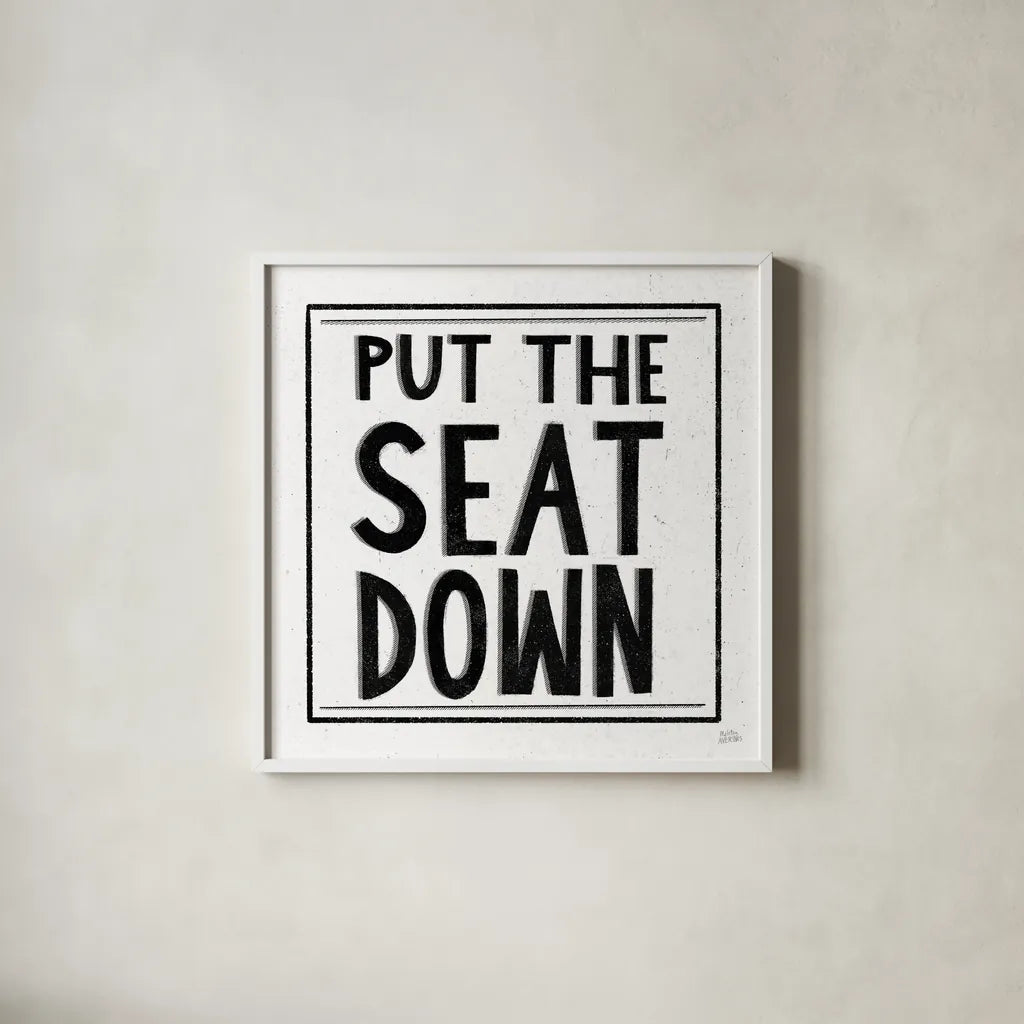 Put the Seat Down by Melissa Averinos. Shown in a crisp white glass frame for a clean and minimalist style. Available as an archival giclee rolled canvas, fine art paper, or poster print. SKU 59180a.
