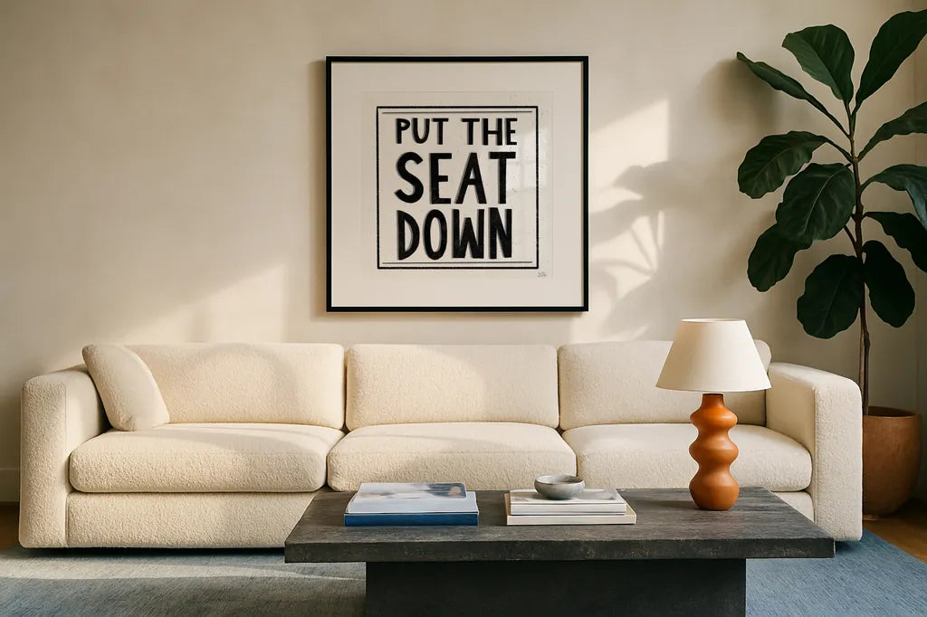 Put the Seat Down by Melissa Averinos. Displayed in a glass frame with matte in a clean modern living room. Available as an archival giclee rolled canvas, fine art paper, or poster print. SKU 59180a.