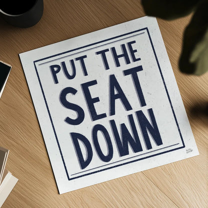 Put the Seat Down Navy by Melissa Averinos. Shown as a detailed flat fine art print, highlighting archival giclee quality. Available as an archival giclee rolled canvas, fine art paper, or poster print. SKU 59464a.
