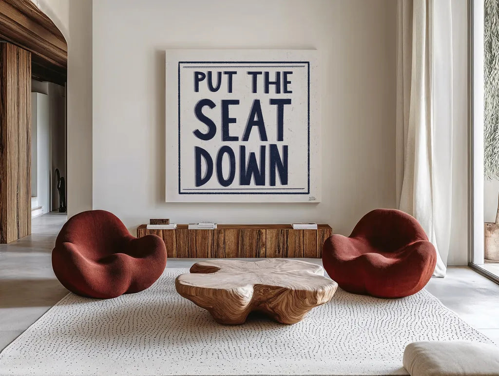 Put the Seat Down Navy by Melissa Averinos. Shown as extra-large giant wall art in a modern living room. Available as an archival giclee rolled canvas, fine art paper, or poster print. SKU 59464a.