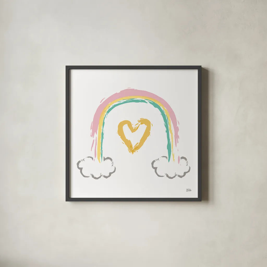Rainbow Dream II by Melissa Averinos. Shown in a sleek black glass frame for a contemporary gallery look. Available as an archival giclee rolled canvas, fine art paper, or poster print. SKU 56797a.