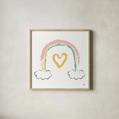 Rainbow Dream II by Melissa Averinos. Shown in a natural wood glass frame for a timeless modern aesthetic. Available as an archival giclee rolled canvas, fine art paper, or poster print. SKU 56797a.