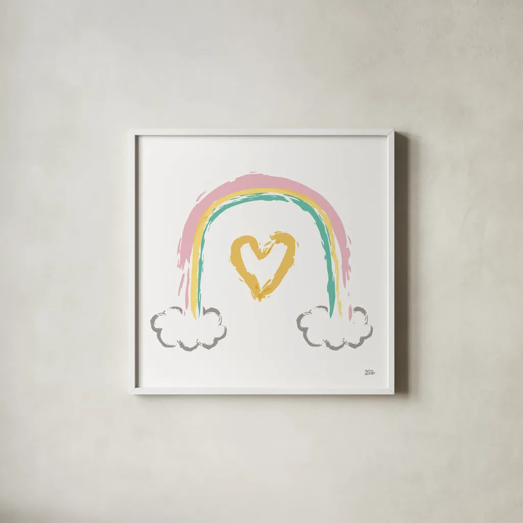 Rainbow Dream II by Melissa Averinos. Shown in a crisp white glass frame for a clean and minimalist style. Available as an archival giclee rolled canvas, fine art paper, or poster print. SKU 56797a.