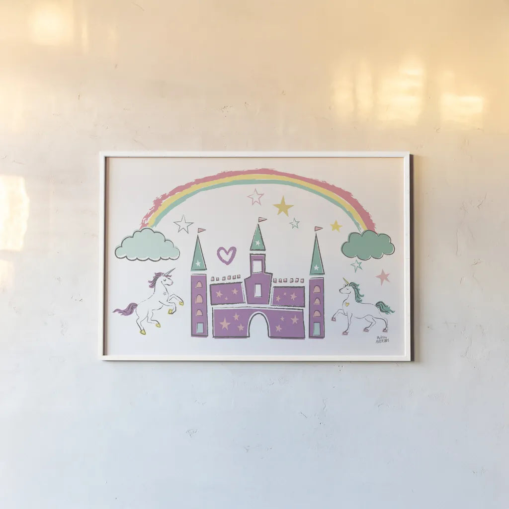 Rainbow Dream IV by Melissa Averinos. shown as a paper print in a white frame. Available as a archival giclee rolled canvas, fine art paper, or poster print. SKU 73626i.