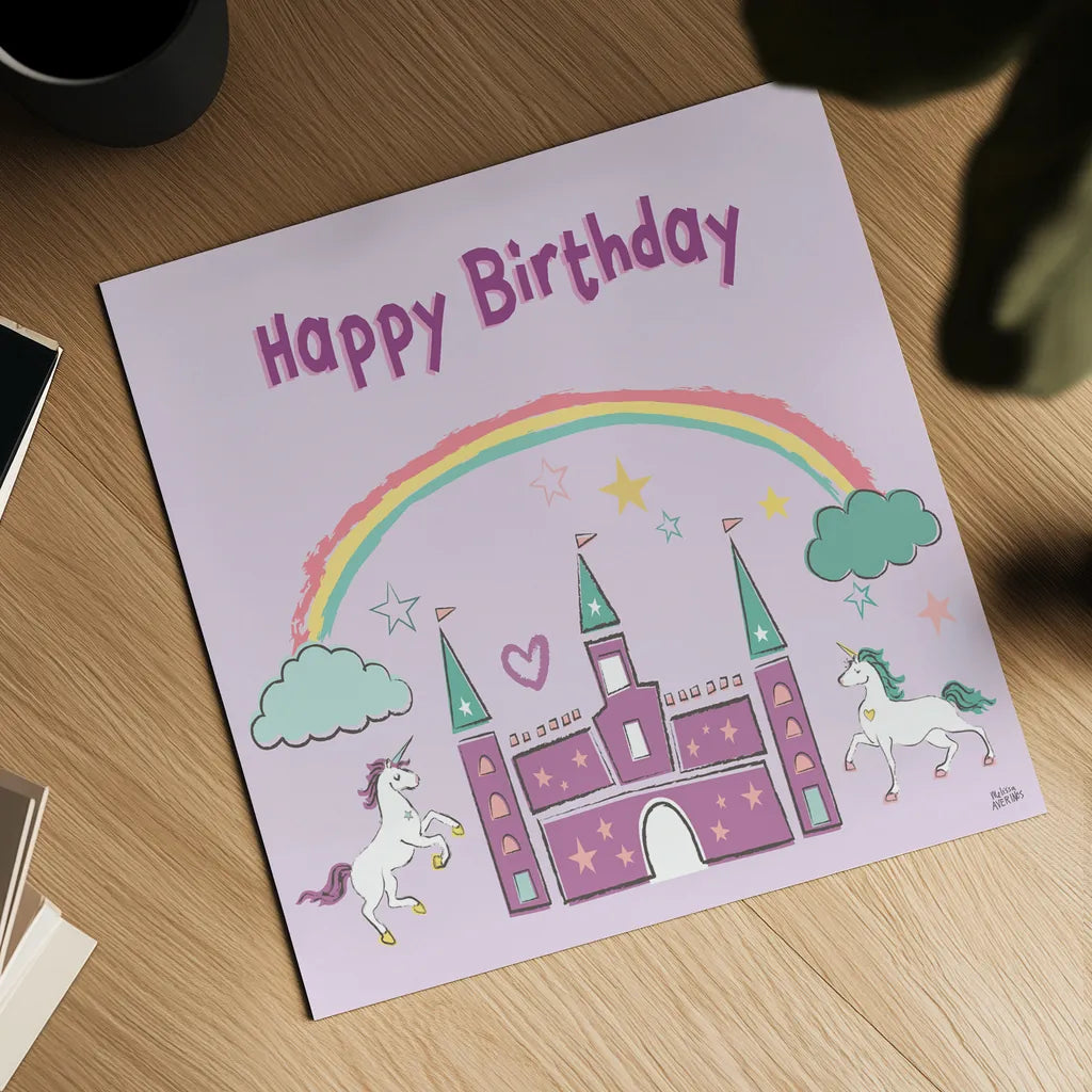 Rainbow Dream IV Happy Birthday by Melissa Averinos. Shown as a detailed flat fine art print, highlighting archival giclee quality. Available as an archival giclee rolled canvas, fine art paper, or poster print. SKU 78015a.