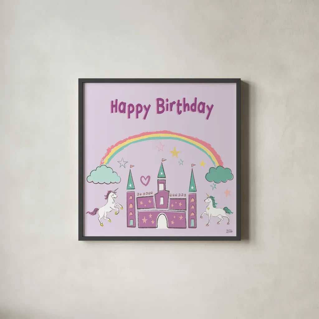 Rainbow Dream IV Happy Birthday by Melissa Averinos. Shown in a sleek black glass frame for a contemporary gallery look. Available as an archival giclee rolled canvas, fine art paper, or poster print. SKU 78015a.