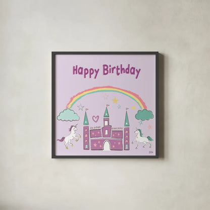 Rainbow Dream IV Happy Birthday by Melissa Averinos. Shown in a sleek black glass frame for a contemporary gallery look. Available as an archival giclee rolled canvas, fine art paper, or poster print. SKU 78015a.