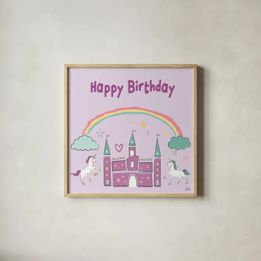 Rainbow Dream IV Happy Birthday by Melissa Averinos. Shown in a natural wood glass frame for a timeless modern aesthetic. Available as an archival giclee rolled canvas, fine art paper, or poster print. SKU 78015a.