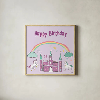 Rainbow Dream IV Happy Birthday by Melissa Averinos. Shown in a natural wood glass frame for a timeless modern aesthetic. Available as an archival giclee rolled canvas, fine art paper, or poster print. SKU 78015a.