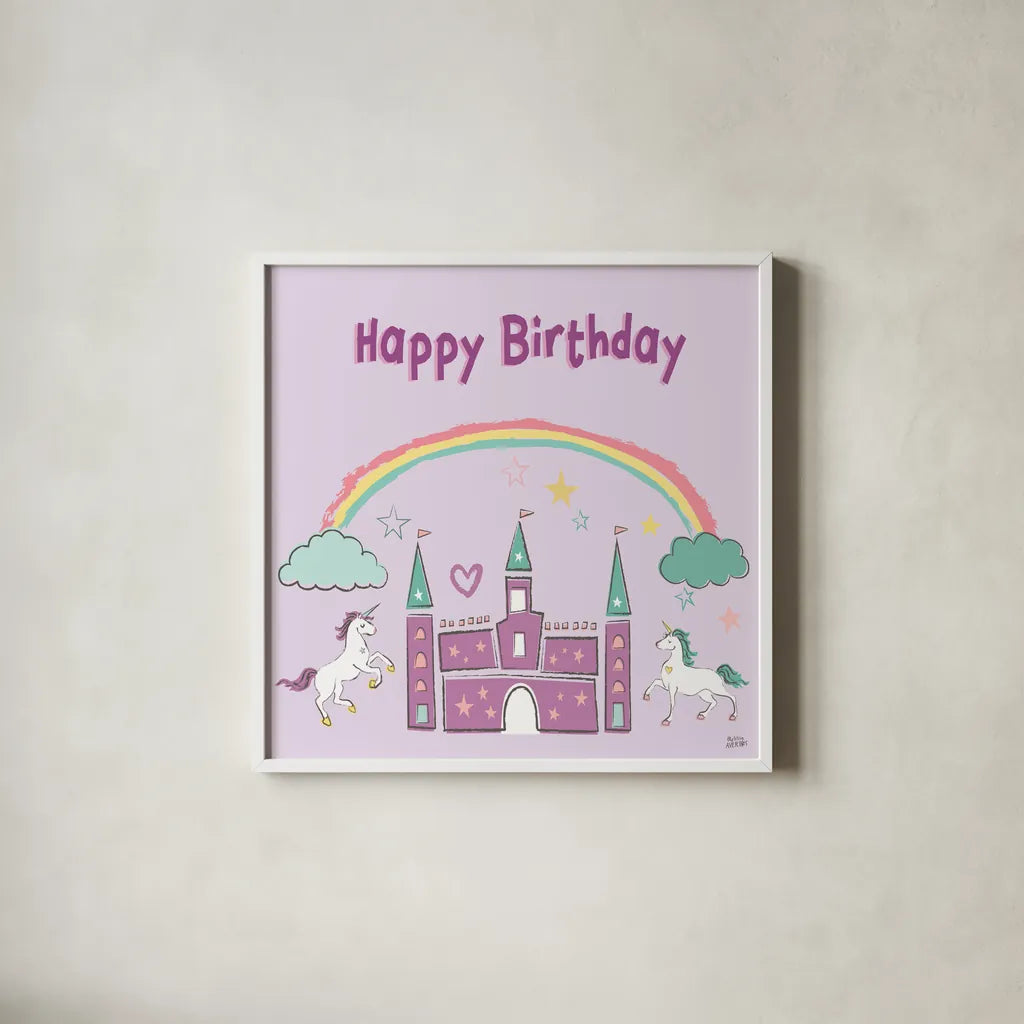 Rainbow Dream IV Happy Birthday by Melissa Averinos. Shown in a crisp white glass frame for a clean and minimalist style. Available as an archival giclee rolled canvas, fine art paper, or poster print. SKU 78015a.