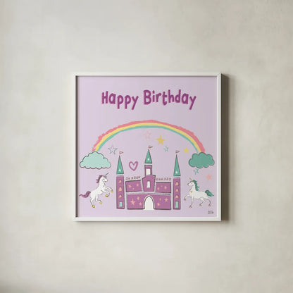 Rainbow Dream IV Happy Birthday by Melissa Averinos. Shown in a crisp white glass frame for a clean and minimalist style. Available as an archival giclee rolled canvas, fine art paper, or poster print. SKU 78015a.