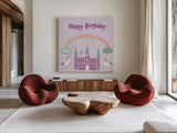 Rainbow Dream IV Happy Birthday by Melissa Averinos. Shown as extra-large giant wall art in a modern living room. Available as an archival giclee rolled canvas, fine art paper, or poster print. SKU 78015a.
