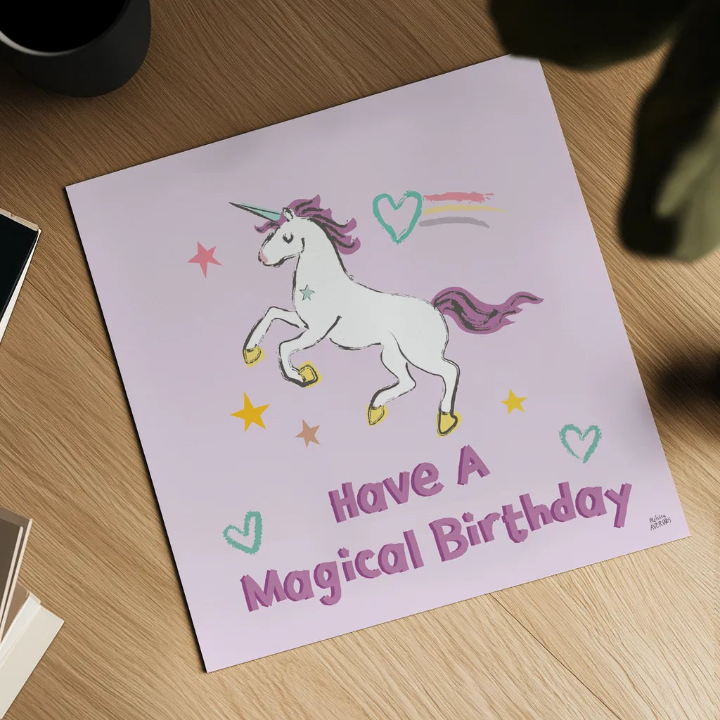 Rainbow Dream VI Magical Birthday by Melissa Averinos. Shown as a detailed flat fine art print, highlighting archival giclee quality. Available as an archival giclee rolled canvas, fine art paper, or poster print. SKU 78017a.