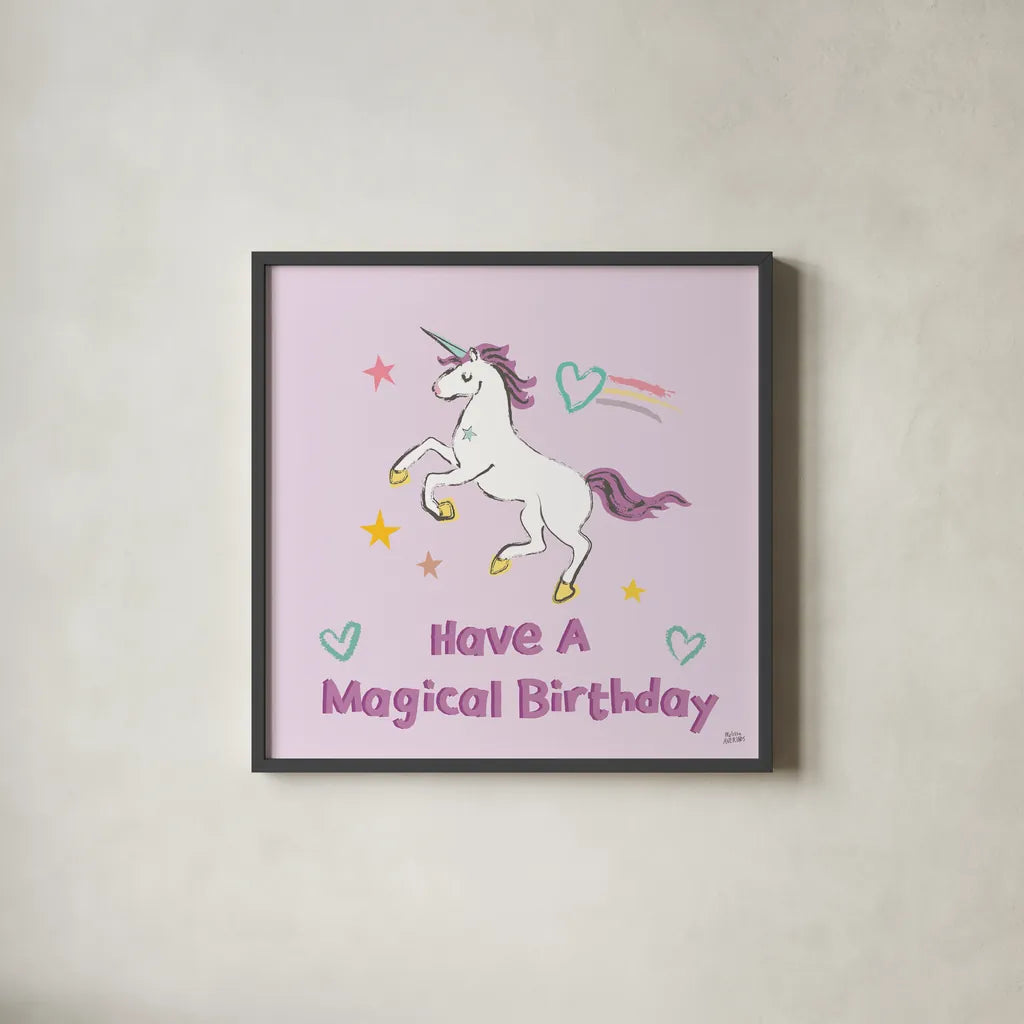 Rainbow Dream VI Magical Birthday by Melissa Averinos. Shown in a sleek black glass frame for a contemporary gallery look. Available as an archival giclee rolled canvas, fine art paper, or poster print. SKU 78017a.